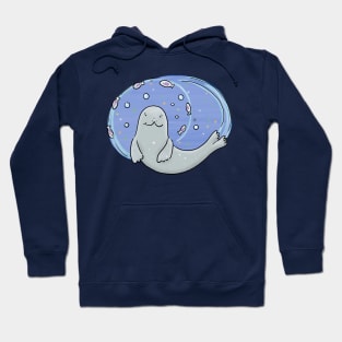 Cute happy seal and fish blue cartoon illustration Hoodie